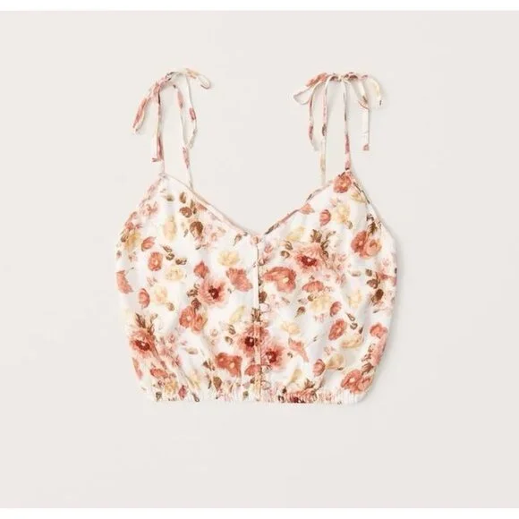 Abercrombie Flirty Romantic Floral Button Front Tie-Strap Feminine Crop Top Cami - Picture 10 of 13